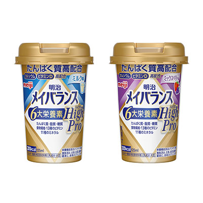 画像：明治メイバランスMiniカップ　ミルク味／ミックスベリー味の商品パッケージ