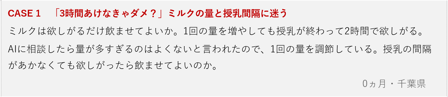画像：CASE 1　「3時間あけなきゃダメ？」ミルクの量と授乳間隔に迷う ミルクは欲しがるだけ飲ませてよいか。1回の量を増やしても授乳が終わって2時間で欲しがる。 AIに相談したら量が多すぎるのはよくないと言われたので、1回の量を調節している。授乳の間隔があかなくても欲しがったら飲ませてよいのか。 0ヵ月・千葉県
