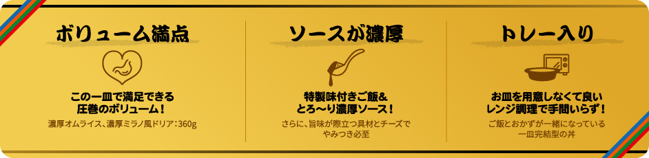 ボリューム満点 この一皿で満足できる圧巻のボリューム！ ソースが濃厚 特製味付きご飯＆とろ〜り濃厚ソース！ トレー入り お皿を用意しなくて良い レンジ調理で手間いらず！