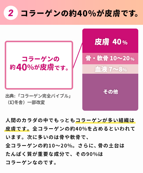 2.コラーゲンの約40%が皮膚です。人間のカラダの中でもっともコラーゲンが多い組織は皮膚です。全コラーゲンの約40%を占めるといわれています。次に多いのは骨や軟骨で、全コラーゲンの約10～20%。さらに、骨の土台はたんぱく質が重要な成分で、その90%はコラーゲンなのです。