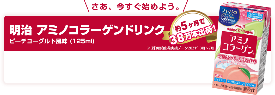 さあ、今すぐ始めよう。明治 アミノコラーゲンドリンク ピーチヨーグルト風味 (125ml) 約5ヶ月で38万本出荷！※(株)明治出荷実績データ2021年3月～7月