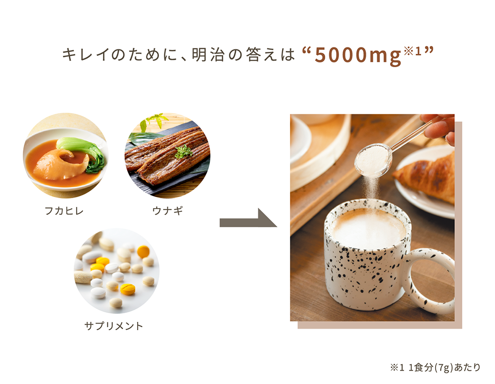 キレイのために、明治の答えは5000mg。フカヒレ・ウナギ・サプリメントとアミノコラーゲンの比較。※1 1食分(7g)あたり