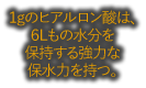 １gのヒアルロン酸は、６Lもの水分を保持する強力な保水力を持つ。