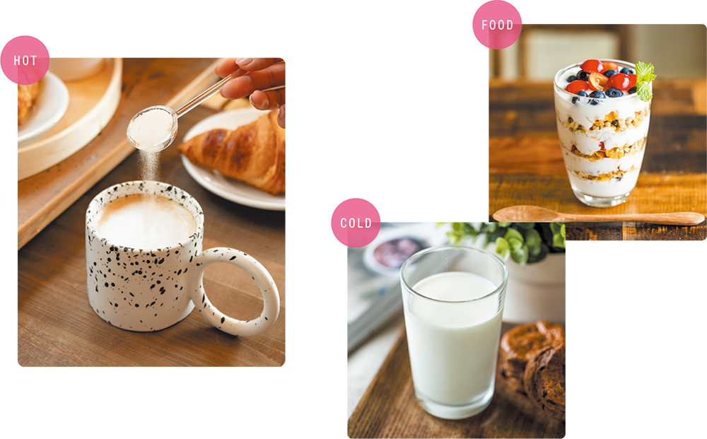 HOT:コーヒーやヨーグルト、COLD:冷たい飲み物。FOOD タグ