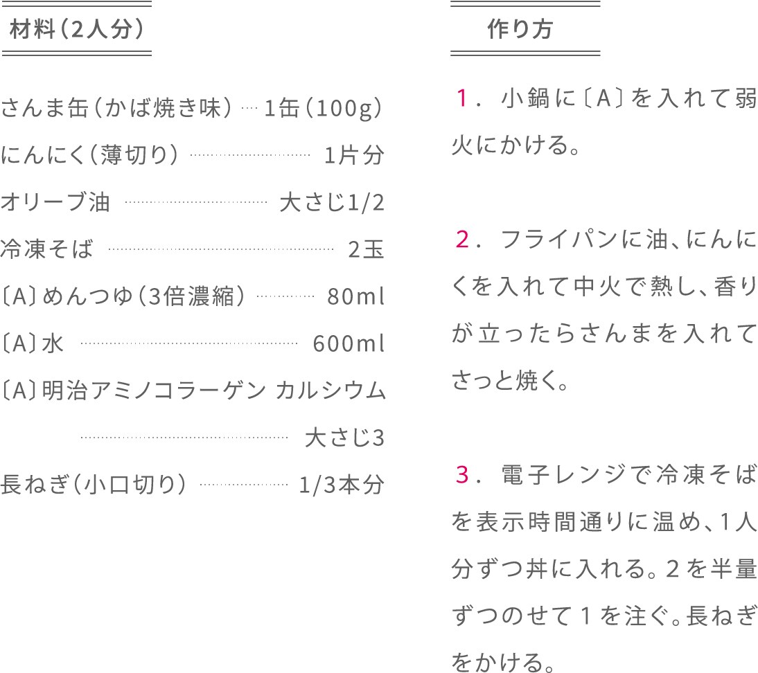 材料（2人分さんま缶（かば焼き味）にんにく（薄切り）オリーブ油 冷凍そば〔A〕めんつゆ（3倍濃縮）〔A〕水〔A〕明治アミノコラーゲン カルシウム 長ねぎ（小口切り）