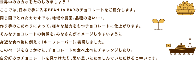 世界中のカカオをたのしみましょう！ここでは、日本で手に入るBEAN to BARのチョコレートをご紹介します。同じ国でとれたカカオでも、地域や農園、品種の違い・・・、作り手のこだわりによって、様々な魅力をもつチョコレートに仕上がります。そんなチョコレートの特徴を、みなさんがイメージしやすいように身近な食べ物に例えて（キーフレーバー）、表現しました。このページをきっかけに、チョコレートの食べ比べにチャレンジしたり、自分好みのチョコレートを見つけたり、思い思いにたのしんでいただけると幸いです。