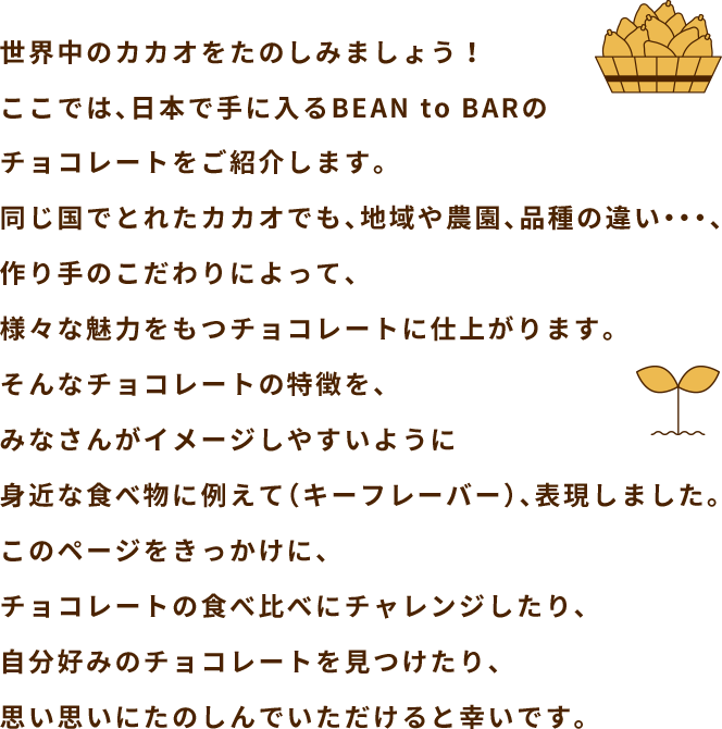 世界中のカカオをたのしみましょう！ここでは、日本で手に入るBEAN to BARのチョコレートをご紹介します。同じ国でとれたカカオでも、地域や農園、品種の違い・・・、作り手のこだわりによって、様々な魅力をもつチョコレートに仕上がります。そんなチョコレートの特徴を、みなさんがイメージしやすいように身近な食べ物に例えて（キーフレーバー）、表現しました。このページをきっかけに、チョコレートの食べ比べにチャレンジしたり、自分好みのチョコレートを見つけたり、思い思いにたのしんでいただけると幸いです。