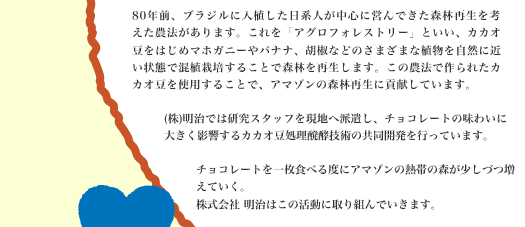 80年前、ブラジルに入植した日系人が中心に営んできた森林再生を考えた農法があります。これを「アグロフォレストリー」といい、カカオ豆をはじめマホガニーやバナナ、胡椒などのさまざまな植物を自然に近い状態で混植栽培することで森林を再生します。この農法で作られたカカオ豆を使用することで、アマゾンの森林再生に貢献しています。(株)明治では研究スタッフを現地へ派遣し、チョコレートの味わいに大きく影響するカカオ豆処理醗酵技術の共同開発を行っています。チョコレートを一枚食べる度にアマゾンの熱帯の森が少しずつ増えていく。株式会社 明治はこの活動に取り組んでいきます。