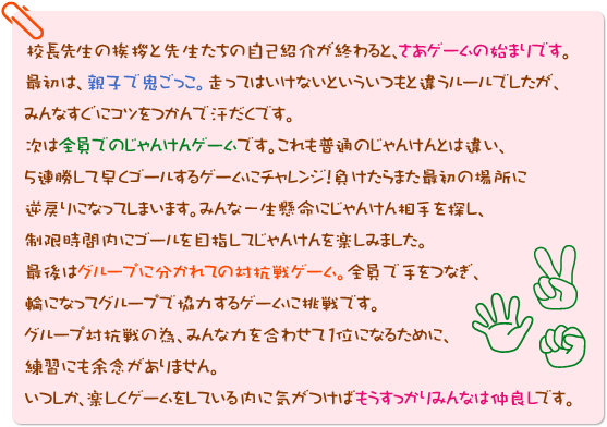 校長先生の挨拶と先生たちの自己紹介が終わると、さあゲームの始まりです。最初は、親子で鬼ごっこ。走ってはいけないといういつもと違うルールでしたが、みんなすぐにコツをつかんで汗だくです。次は全員でのじゃんけんゲームです。これも普通のじゃんけんとは違い、５連勝して早くゴールするゲームにチャレンジ！負けたらまた最初の場所に逆戻りになってしまいます。みんな一生懸命にじゃんけん相手を探し、制限時間内にゴールを目指してじゃんけんを楽しみました。最後はグループに分かれての対抗戦ゲーム。全員で手をつなぎ、輪になってグループで協力するゲームに挑戦です。グループ対抗戦の為、みんな力を合わせて１位になるために、練習にも余念がありません。いつしか、楽しくゲームをしている内に気がつけばもうすっかりみんなは仲良しです。