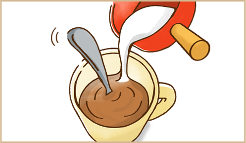 ４：全体が均一になりチョコレートがしっかりと混ざったら、残りの牛乳を少しずつ加えて混ぜる。