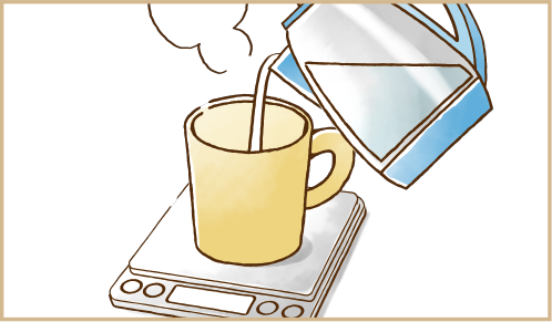 ３：お湯または温めた牛乳（85ml）をマグカップに注いで30秒待つ。