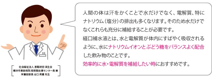 人間の体は汗をかくことで水だけでなく、電解質、特にナトリウム（塩分）の排出も多くなります。そのため水だけでなくこれらも充分に補給することが必要です。経口補水液とは、水を電解質が体内にすばやく吸収されるように、水にナトリウムイオンとぶどう糖をバランスよく配合した飲み物のことです。効率的に水・電解質を補給したい時におすすめです。