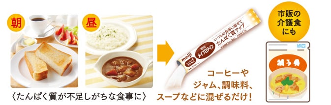 たんぱく質が不足しがちな食事に　コーヒーやジャム、調味料、スープなどに混ぜるだけ！　市販の介護食にも