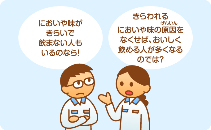 においや味がきらいで飲まない人もいるのなら！きらわれるにおいや味の原因をなくせば、おいしく飲める人が多くなるのでは？