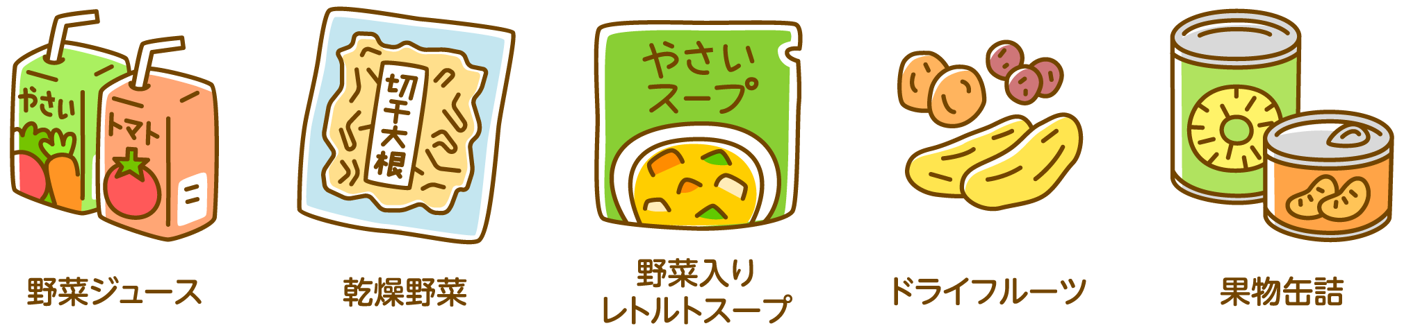 野菜ジュース、乾燥野菜、野菜入りレトルトスープ、ドライフルーツ、果物缶詰