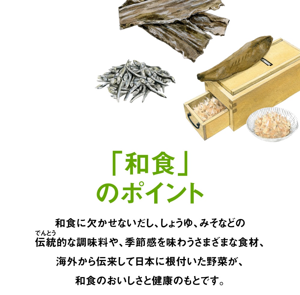 「和食」のポイント 和食に欠かせないだし、しょうゆ、みそなどの伝統的な調味料や、季節感を味わうさまざまな食材、海外から伝来して日本に根付いた野菜が、和食のおいしさと健康のもとです。