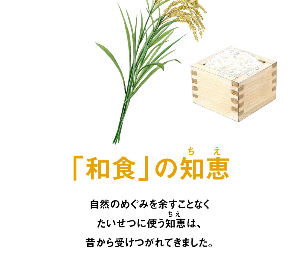 「和食」の知恵 自然のめぐみを余すことなくたいせつに使う知恵は、昔から受けつがれてきました。