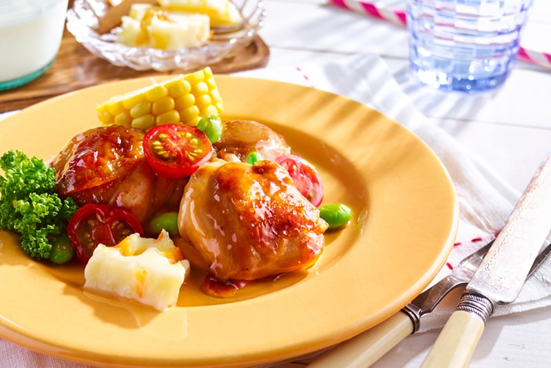 手作りオレンジバターと野菜畑の照り焼きチキン