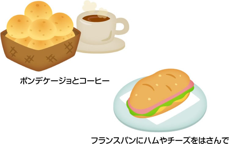 ポンデケージョとコーヒー／フランスパンにハムやチーズをはさんで