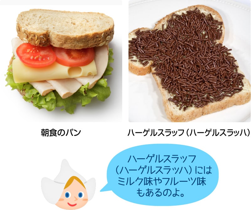 朝食のパン／ハーゲルスラッフ「ハーゲルスラッフ（ハーゲルスラッハ）にはミルク味やフルーツ味もあるのよ。」