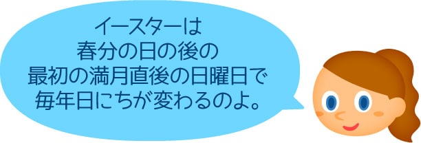 イースターは春分の日の後の最初の満月直後の日曜日で毎年日にちが変わるのよ。