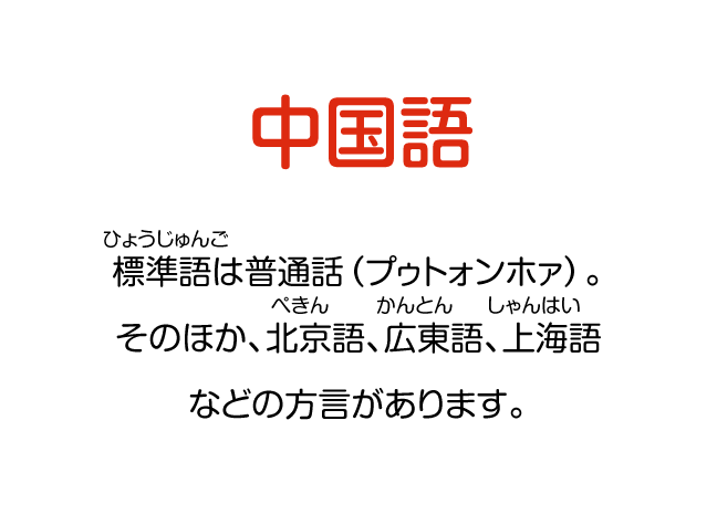 中国語（標準語は普通話（プゥトォンホァ）。そのほか、北京語、広東語、上海語などの方言があります。）