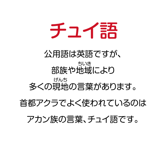 チュイ語（公用語は英語ですが、部族や地域により多くの現地の言葉があります。首都アクラでよく使われているのはアカン族の言葉、チュイ語です。）