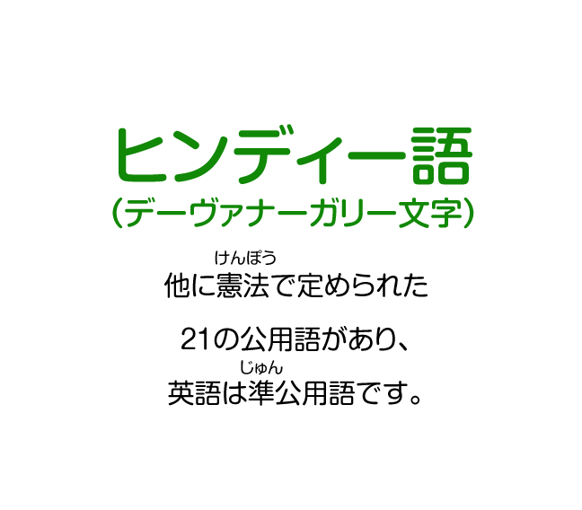 ヒンディー語（デーヴァナーガリー文字）（他に憲法で定められた21の公用語があり、英語は準公用語です。）