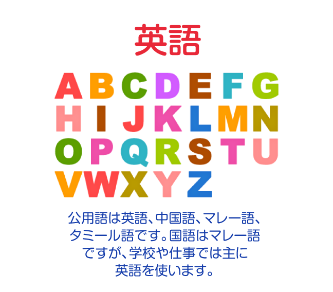 英語（公用語は英語、中国語、マレー語、タミール語です。国語はマレー語ですが、学校や仕事では主に英語を使います。）