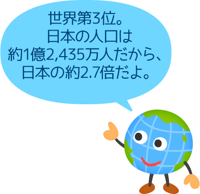 世界第3位。日本の人口は約1億2495万人だから、日本の約2.7倍だよ。