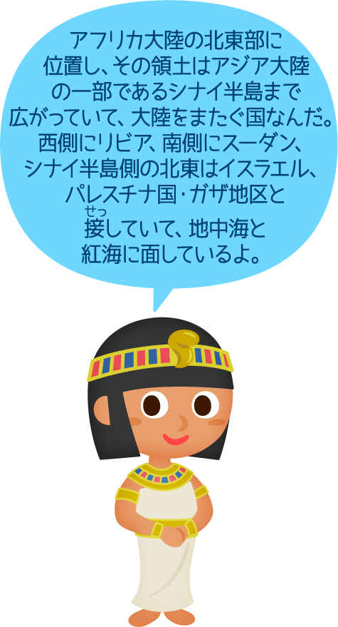 アフリカ大陸の北東部に位置し、その領土はアジア大陸の一部であるシナイ半島まで広がっていて、大陸をまたぐ国なんだ。西側にリビア、南側にスーダン、シナイ半島側の北東はイスラエル、パレスチナ国・ガザ地区と接していて、地中海と紅海に面しているよ。