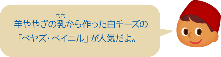 羊ややぎの乳から作った白チーズの「ベヤズ・ペイニル」が人気だよ。