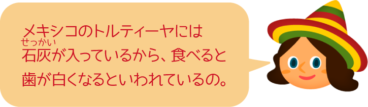 メキシコのトルティーヤには石灰が入っているから、食べると歯が白くなるといわれているの。