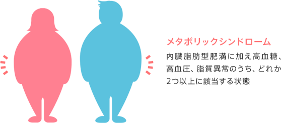 メタボリックシンドローム内臓脂肪型肥満に加え高血糖、高血圧、脂質異常のうち、どれか2つ以上に該当する状態