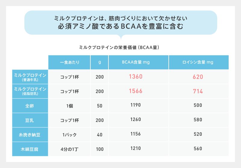 ミルクプロテインは、筋肉づくりにおいて欠かせない必須アミノ酸であるBCAAを豊富に含む