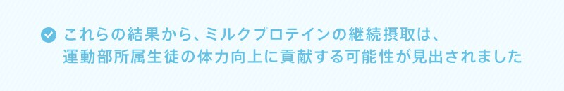 これらの結果から、ミルクプロテインの継続摂取は、運動部所属生徒の体力向上に貢献する可能性が見出されました