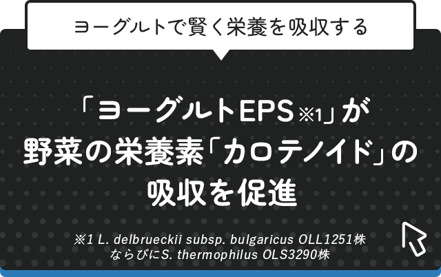 ヨーグルトで賢く栄養を吸収する　「ヨーグルトEPS※1」が野菜の栄養素「カロテノイド」の吸収を促進※1L. delbrueckii subsp. bulgaricus OLL1251株ならびにS. thermophilus OLS3290株