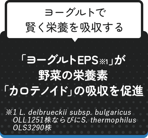 ヨーグルトで賢く栄養を吸収する　「ヨーグルトEPS※1」が野菜の栄養素「カロテノイド」の吸収を促進※1L. delbrueckii subsp. bulgaricus OLL1251株ならびにS. thermophilus OLS3290株