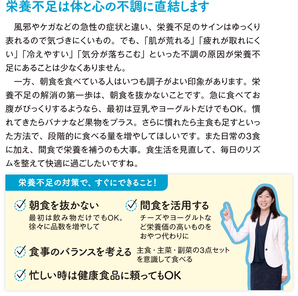 栄養不足は体と心の不調に直結します風邪やケガなどの急性の症状と違い、栄養不足のサインはゆっくり表れるので気づきにくいもの。でも、「肌が荒れる」「疲れが取れにくい」「冷えやすい」「気分が落ちこむ」といった不調の原因が栄養不足にあることは少なくありません。 一方、朝食を食べている人はいつも調子がよい印象があります。栄養不足の解消の第一歩は、朝食を抜かないことです。急に食べてお腹がびっくりするようなら、最初は豆乳やヨーグルトだけでもOK。慣れてきたらバナナなど果物をプラス。さらに慣れたら主食も足すといった方法で、段階的に食べる量を増やしてほしいです。また日常の3食に加え、間食で栄養を補うのも大事。食生活を見直して、毎日のリズムを整えて快適に過ごしたいですね。栄養不足の対策で、すぐにできること! 朝食を抜かない 最初は飲み物だけでもOK. 徐々に品数を増やして 間食を活用する チーズやヨーグルトなど栄養価の高いものをおやつ代わりに 食事のバランスを考える 主食・主菜・副菜の3点セットを意識してたべる 忙しい時は健康食品に頼ってもOK