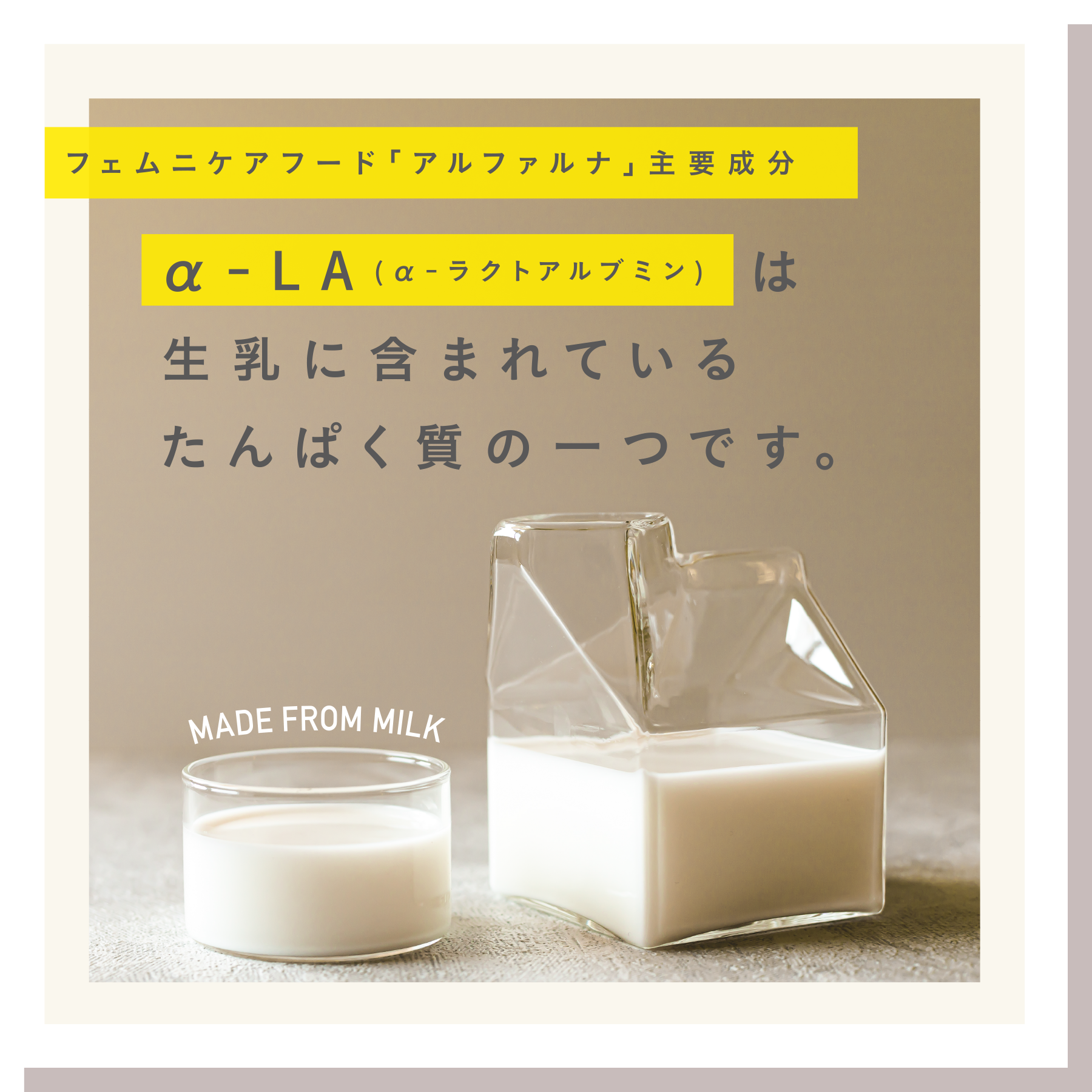 生フェムニケアフード「アルファルナ」主要成分　α - LA（α - ラクトアルブミン）は生乳に含まれているたんぱく質の一つです。