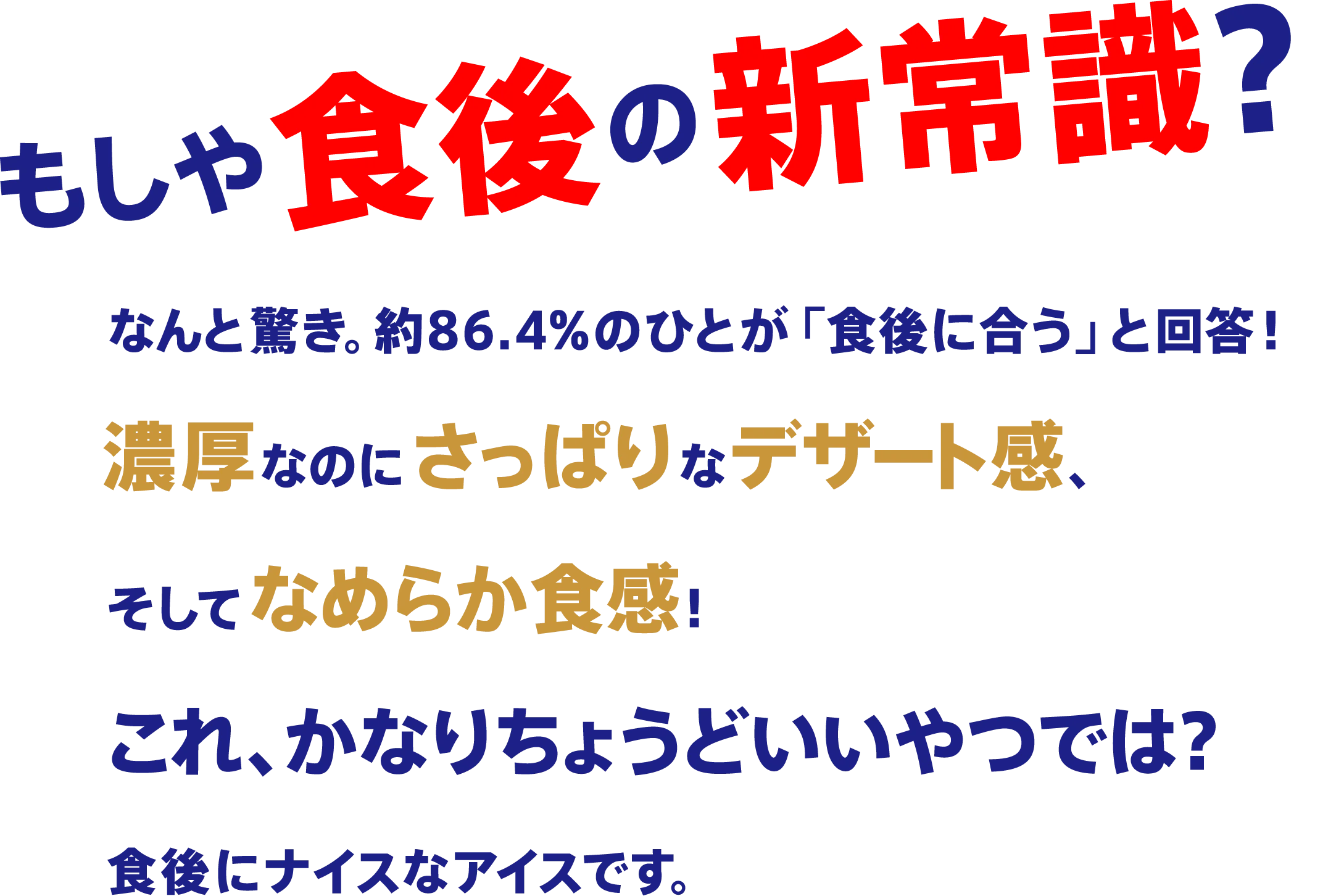 もしや食後の新常識？なんと驚き。86.4%のひとが「食後に合う」と回答！濃厚なのにさっぱりなデザート感、そしてなめらか食感！これ、かなりちょうどいいやつでは？食後にナイスなアイスです。