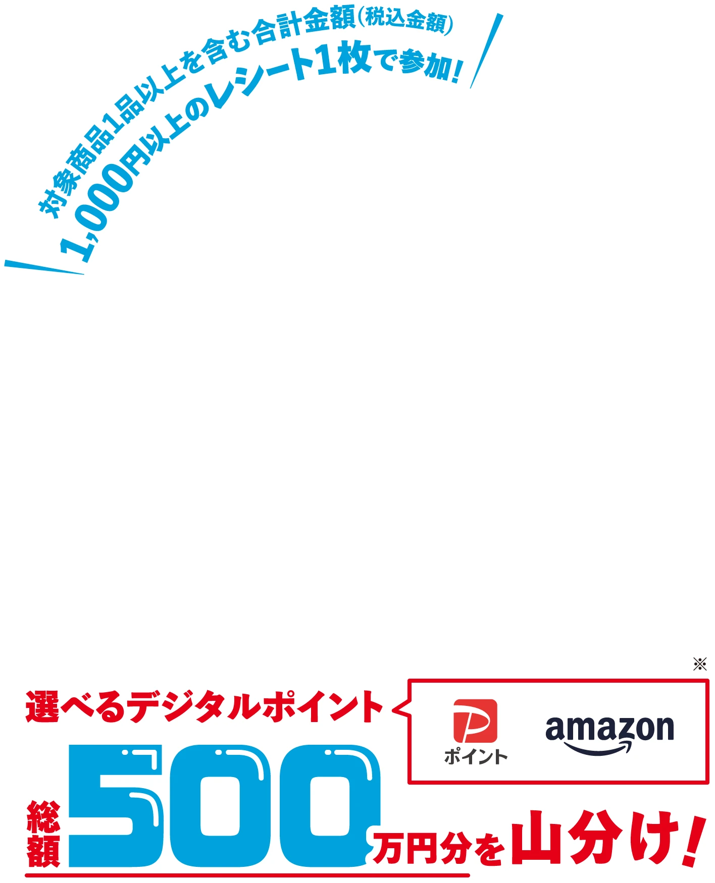 対象商品1品以上を含む合計金額(税込金額) 1,000円以上のレシート1枚で参加！ 選べるデジタルポイント（PayPayポイント Amazonポイント）総額500万円分を山分け!