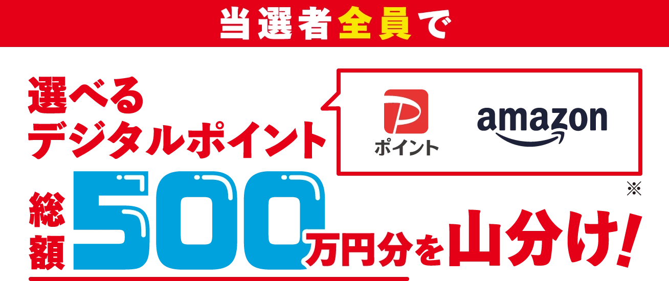 当選者全員で選べるデジタルポイント（PayPayポイント Amazonポイント）総額500万円分を山分け!