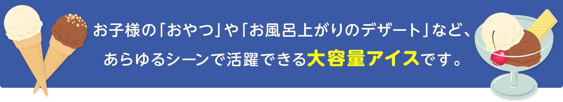 お子様の「おやつ」や「お風呂上がりのデザート」など、
あらゆるシーンで活躍できる大容量アイスです。