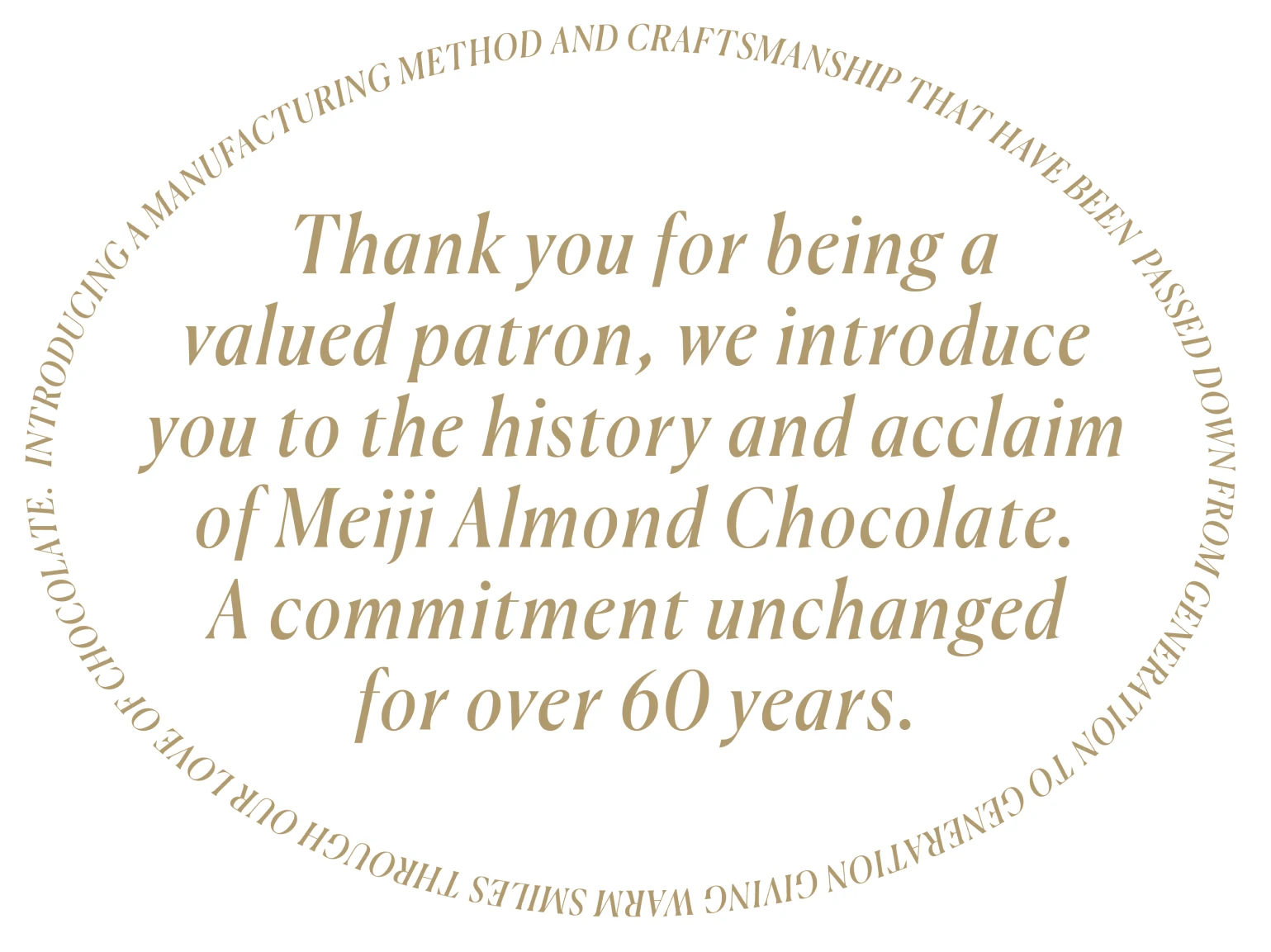 Thank you for being a valued patron, we introduce you to the history and acclaim of Meiji Almond Chocolate. A commitment unchanged for over 60 years.