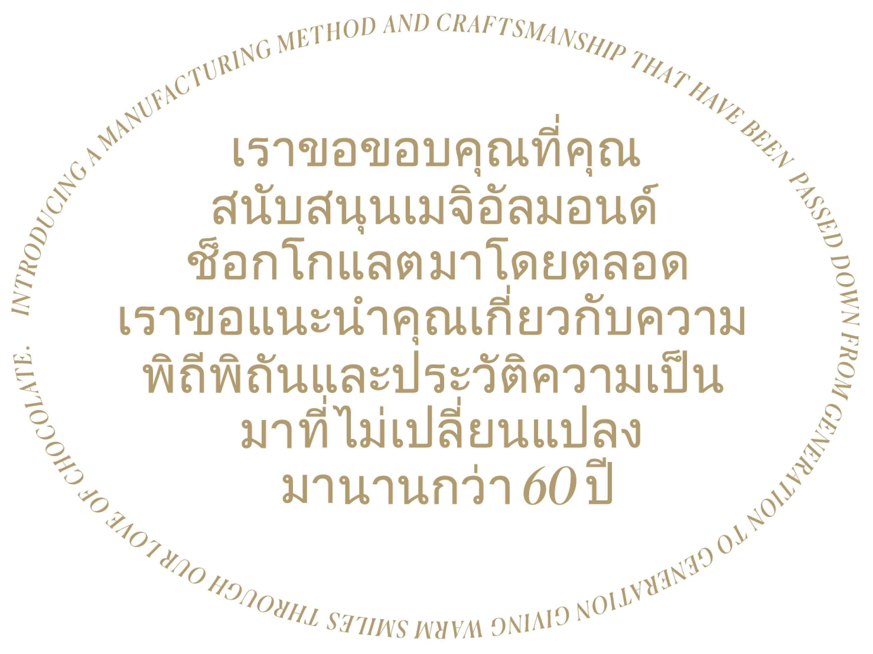 เราขอขอบคุณที่คุณสนับสนุนเมจิอัลมอนด์ช็อกโกแลตมาโดยตลอด เราขอแนะนำคุณเกี่ยวกับความพิถีพิถันและประวัติความเป็นมาที่ไม่เปลี่ยนแปลงมานานกว่า 60 ปี