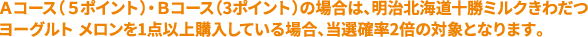 Aコース(5ポイント)・Bコース(3ポイント)の場合は、明治北海道十勝ミルクきわだつヨーグルト メロンを1点以上購入している場合、当選確率2倍の対象となります。