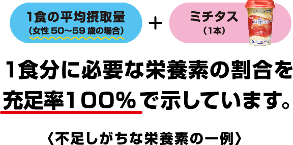 1食分に必要な栄養素の割合を充足率100%で示しています。<不足しがちな栄養素の一例>