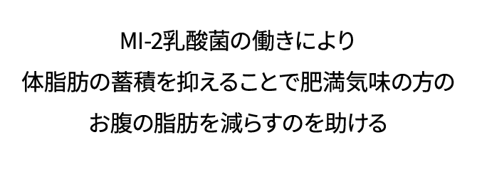 MI-2乳酸菌の働きにより、体脂肪の蓄積を抑えることで肥満気味の方のお腹の脂肪を減らす