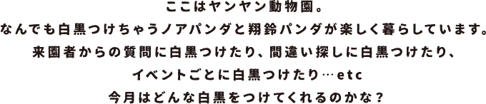ここはヤンヤン動物園。なんでも白黒つけちゃうノアパンダと翔鈴パンダが楽しく暮らしています。来園者からの質問に白黒つけたり、間違い探しに白黒つけたり、イベントごとに白黒つけたり…etc　今月はどんな白黒をつけてくれるのかな？